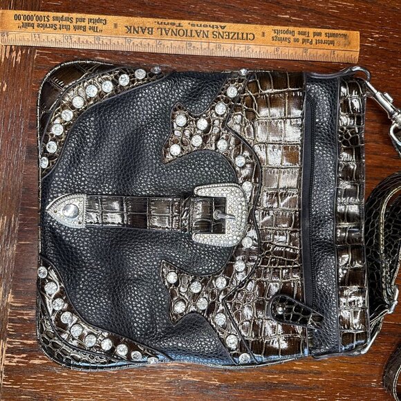 Western Style Rhinestone Faux Reptile Skin Black Silver Crossbody Bag Purse - Picture 7 of 9